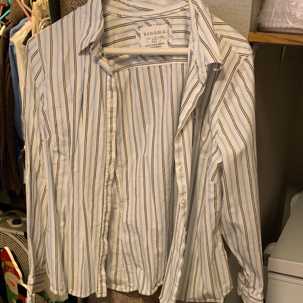 Sonoma Womens  White and Blue Striped Button Down Shirt